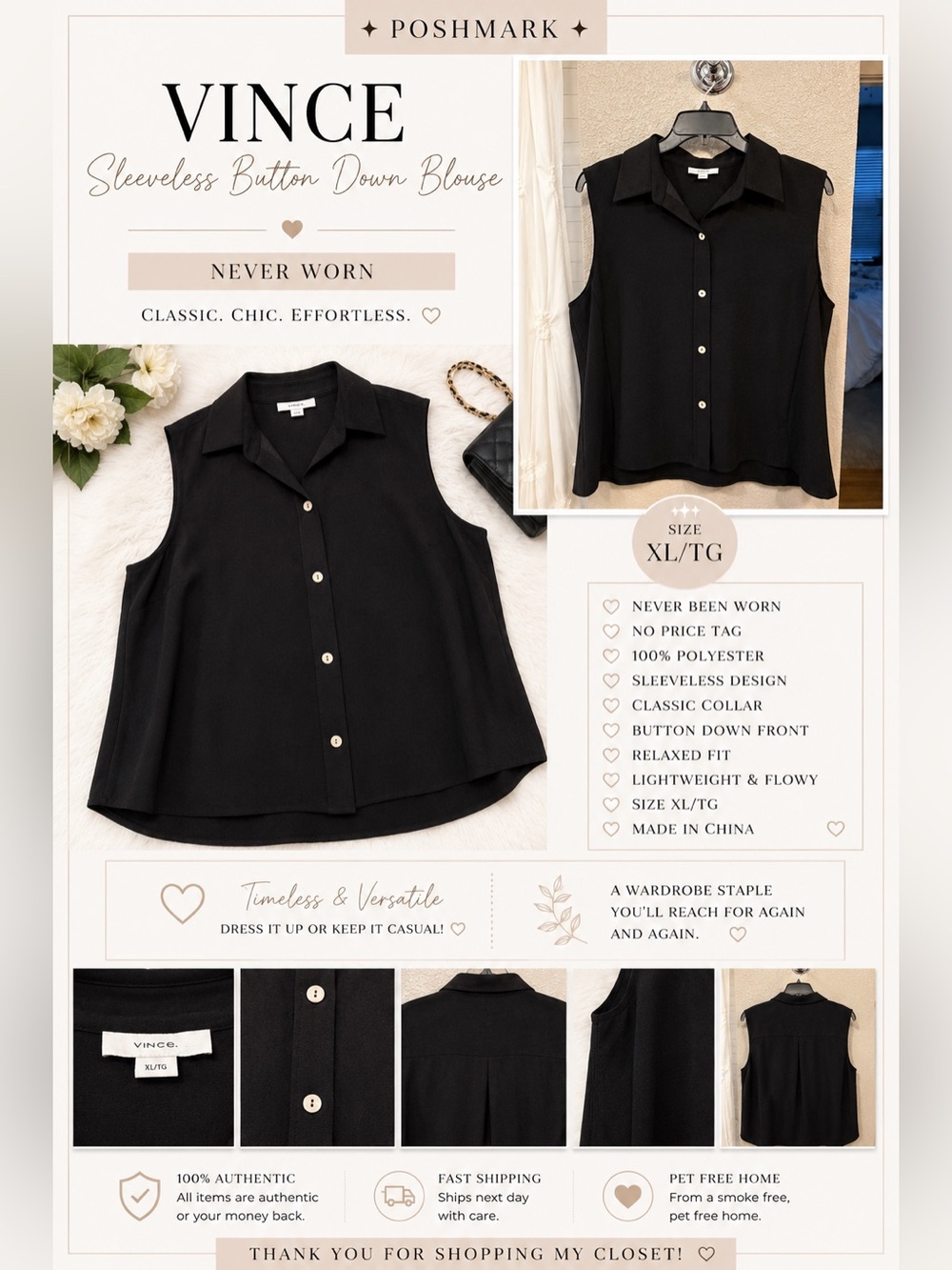 Vince Black Sleeveless Button-Down Top